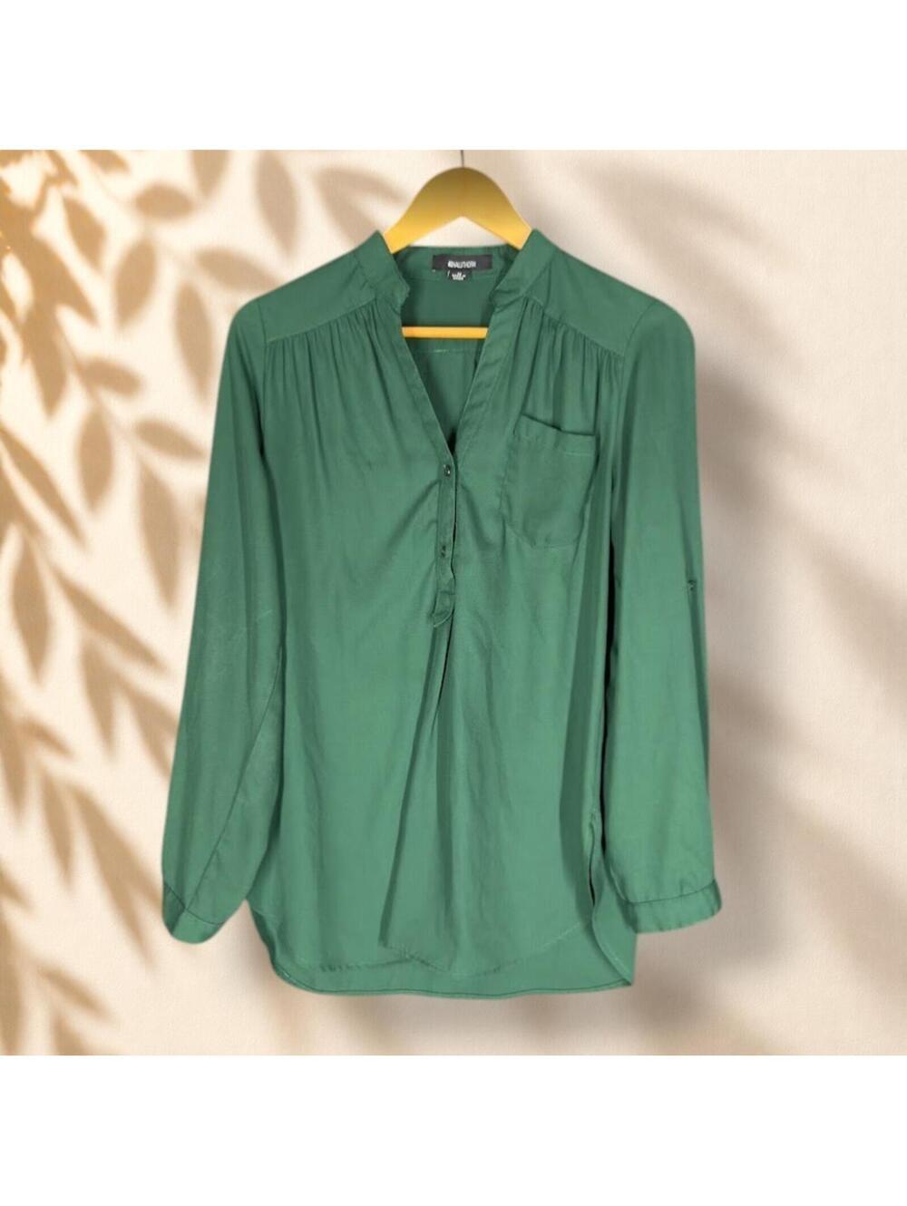 41Hawthorn Blouse Women M Medium Green V-Neck 1/2 Button Long Sleeve Pockets